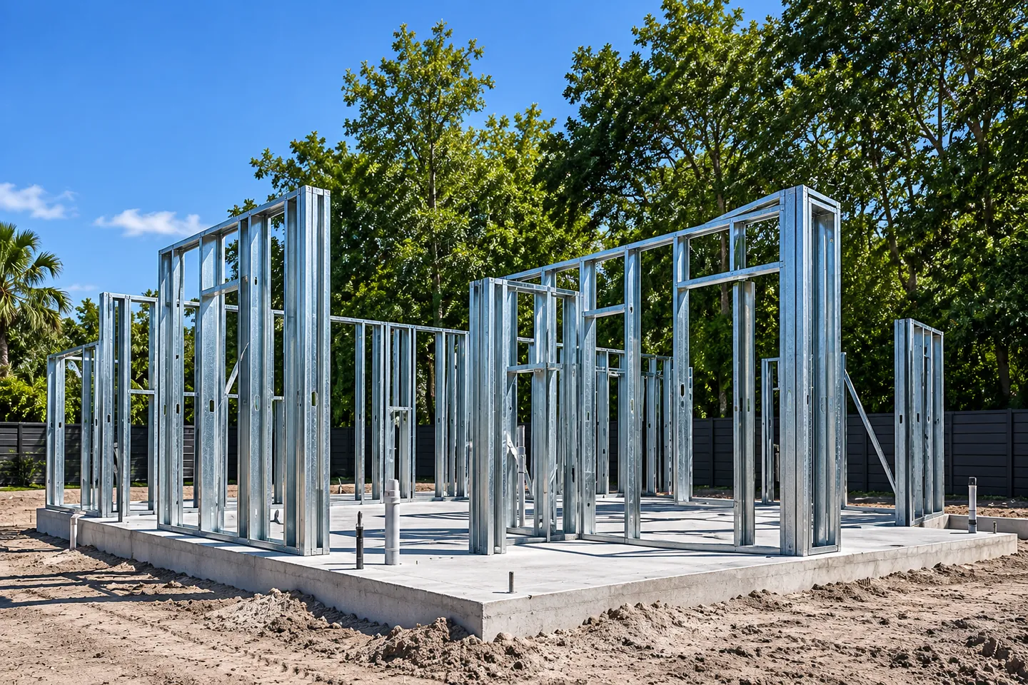 Ground floor steel wall framing erected