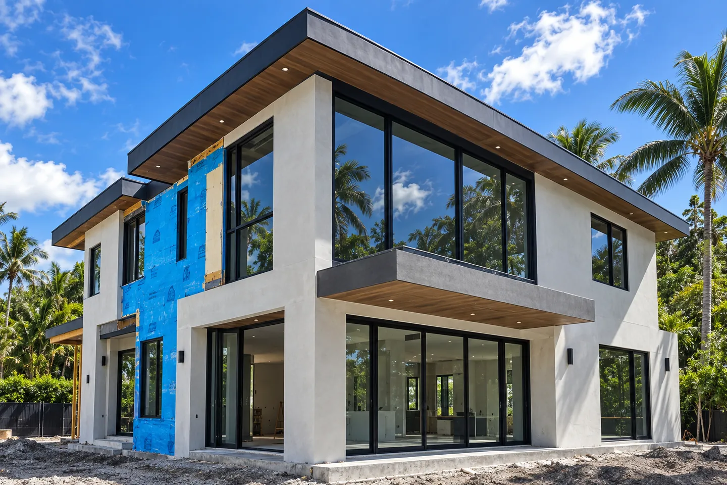 Exterior facade progressing around large windows