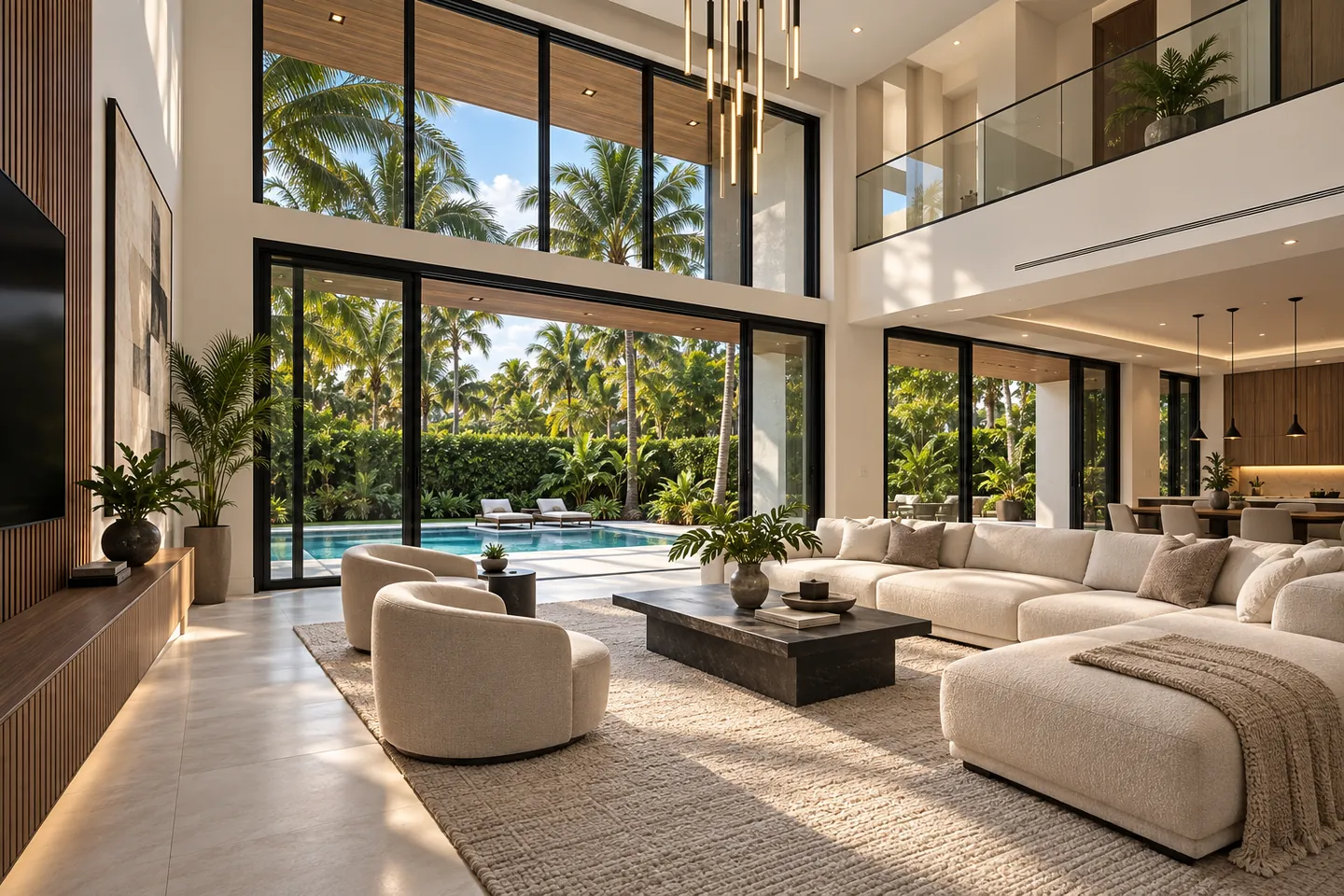 Completed living room with large windows
